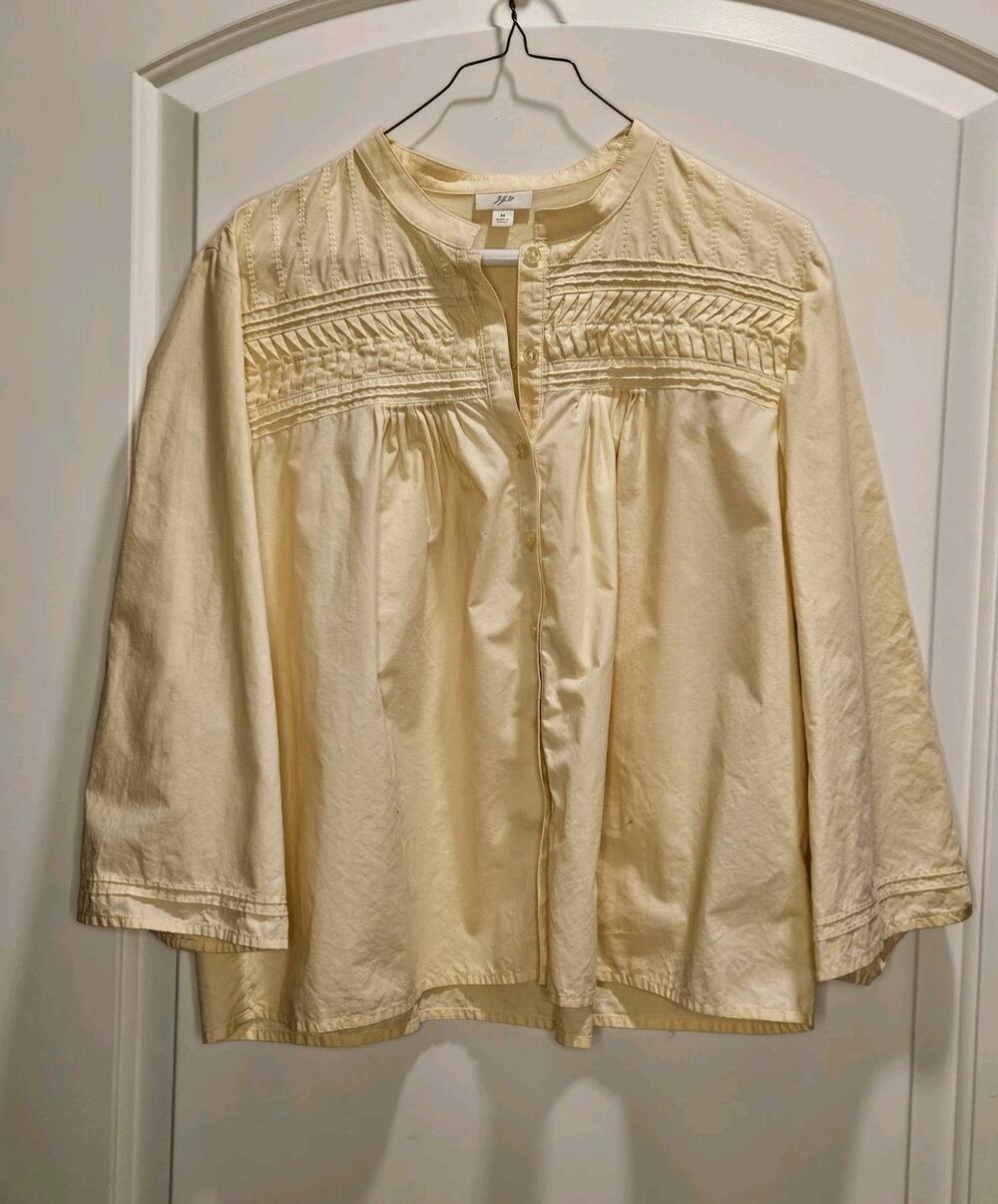 J.JILL M Coconut Button Front 3/4 Sleeve Top Butter Yellow Cotton